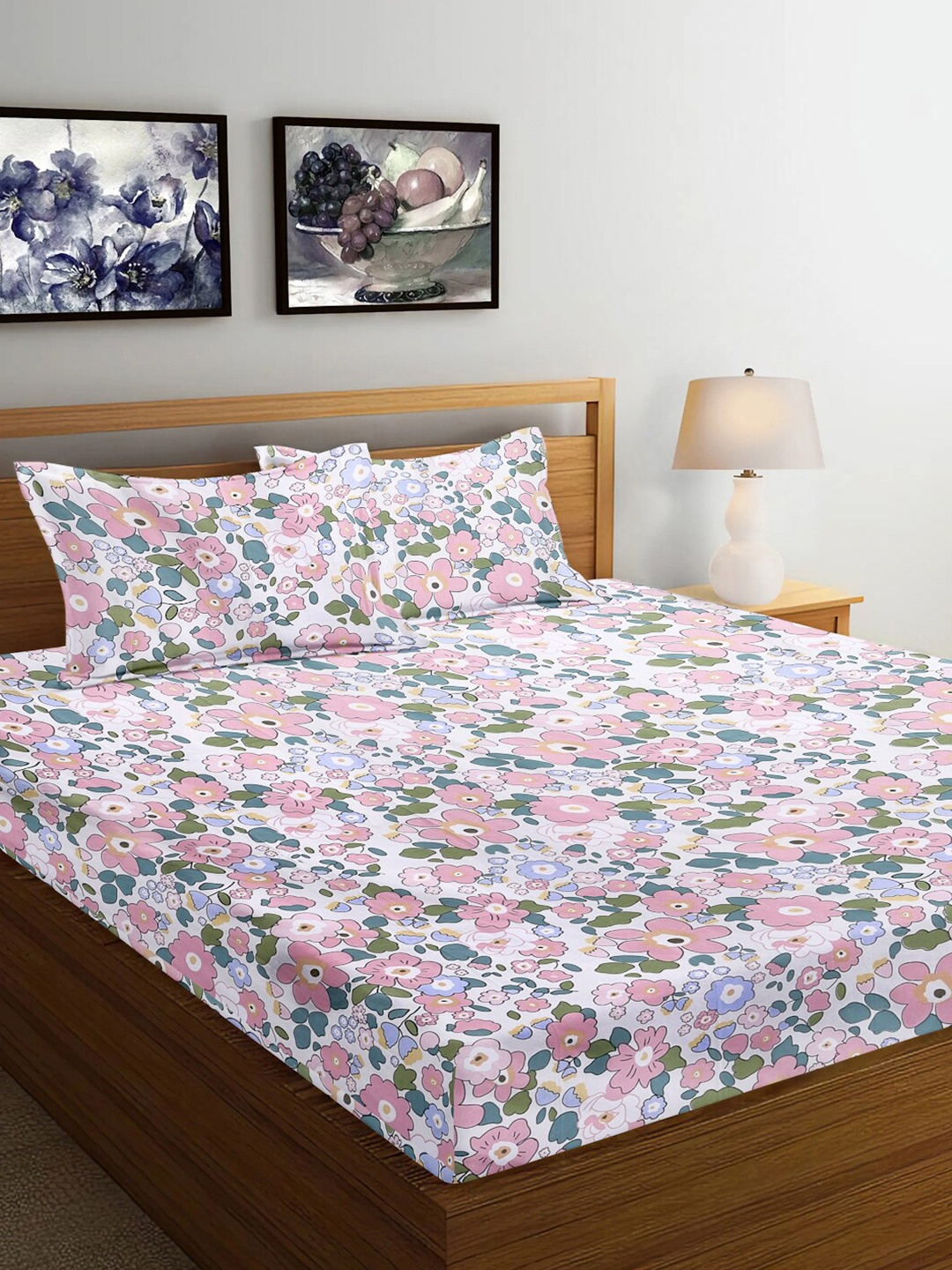 

FABINALIV White & Pink Floral Print 300 TC Super King Size Bedsheet with 2 Pillow Covers