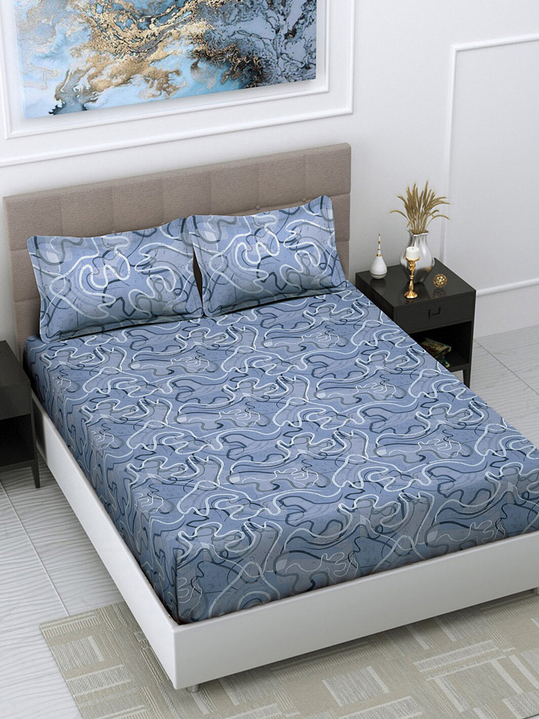 

FABINALIV Blue & White Abstract Print 300 TC Super King Size Bedsheet with 2 Pillow Covers