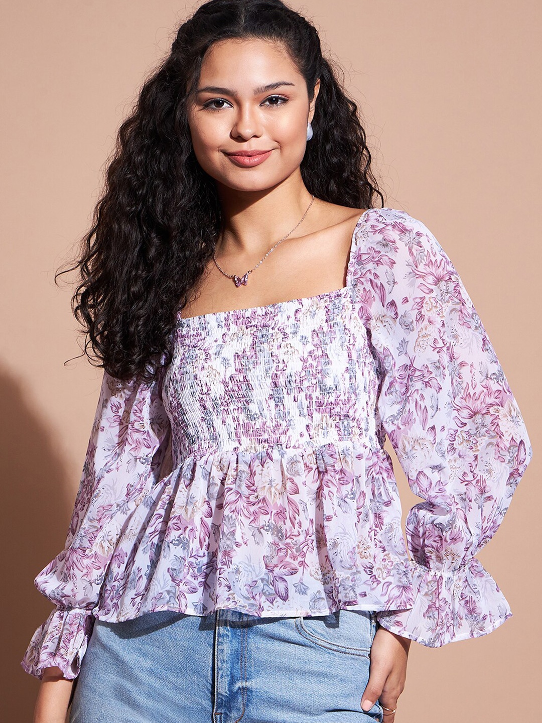 

DressBerry White & Lavender Floral Printed Square Neck Puff Sleeve Peplum Top