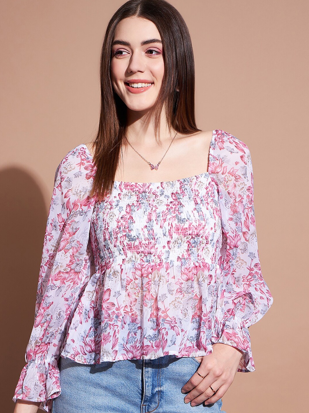 

DressBerry White & Pink Floral Printed Square Neck Puff Sleeve Peplum Top