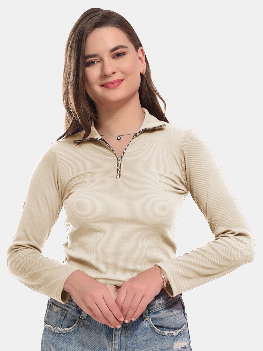 

Boleem Shirt Collar Cotton Fitted Crop Top, Cream