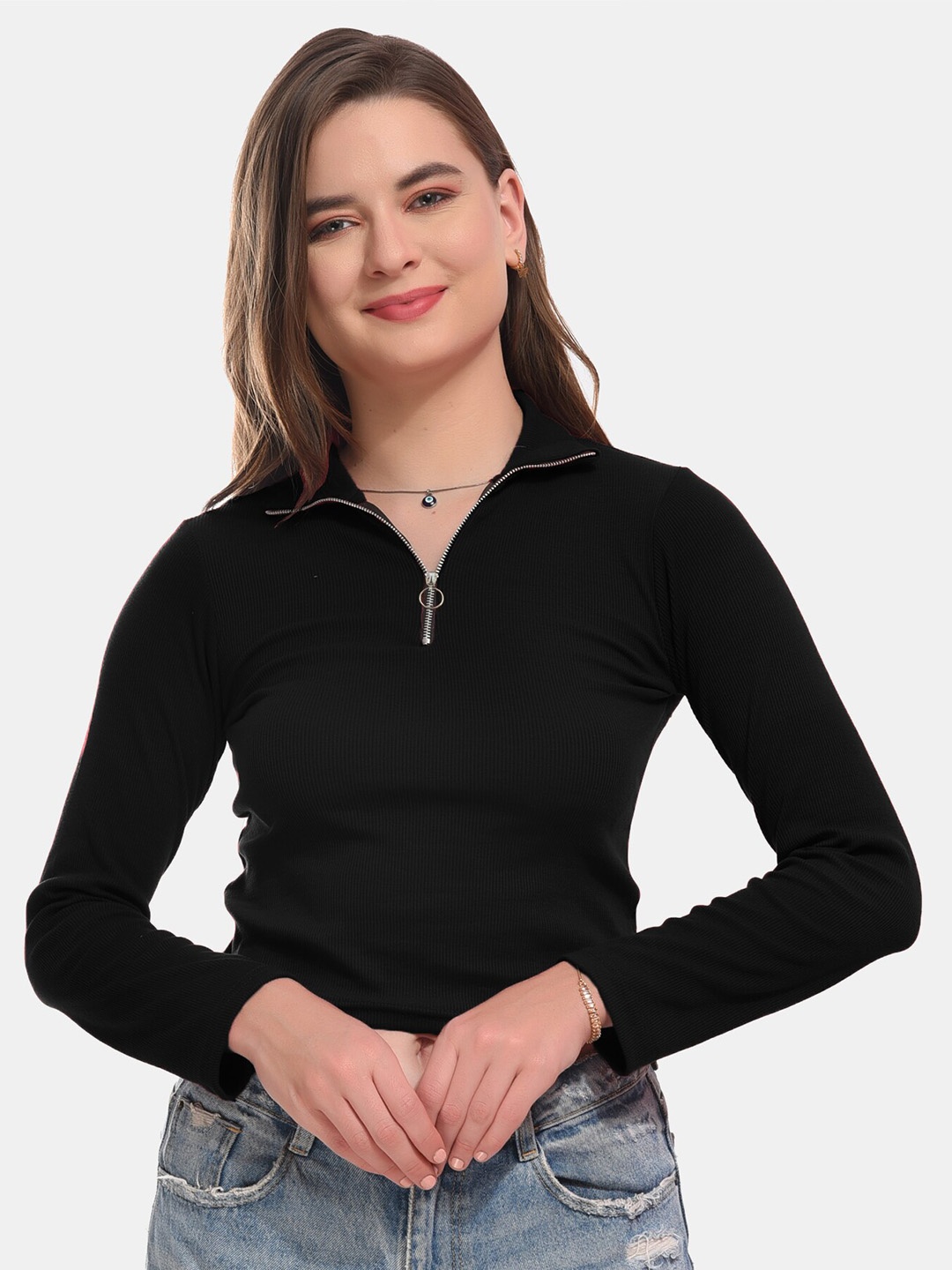 

Boleem Shirt Collar Cotton Crop Top, Black