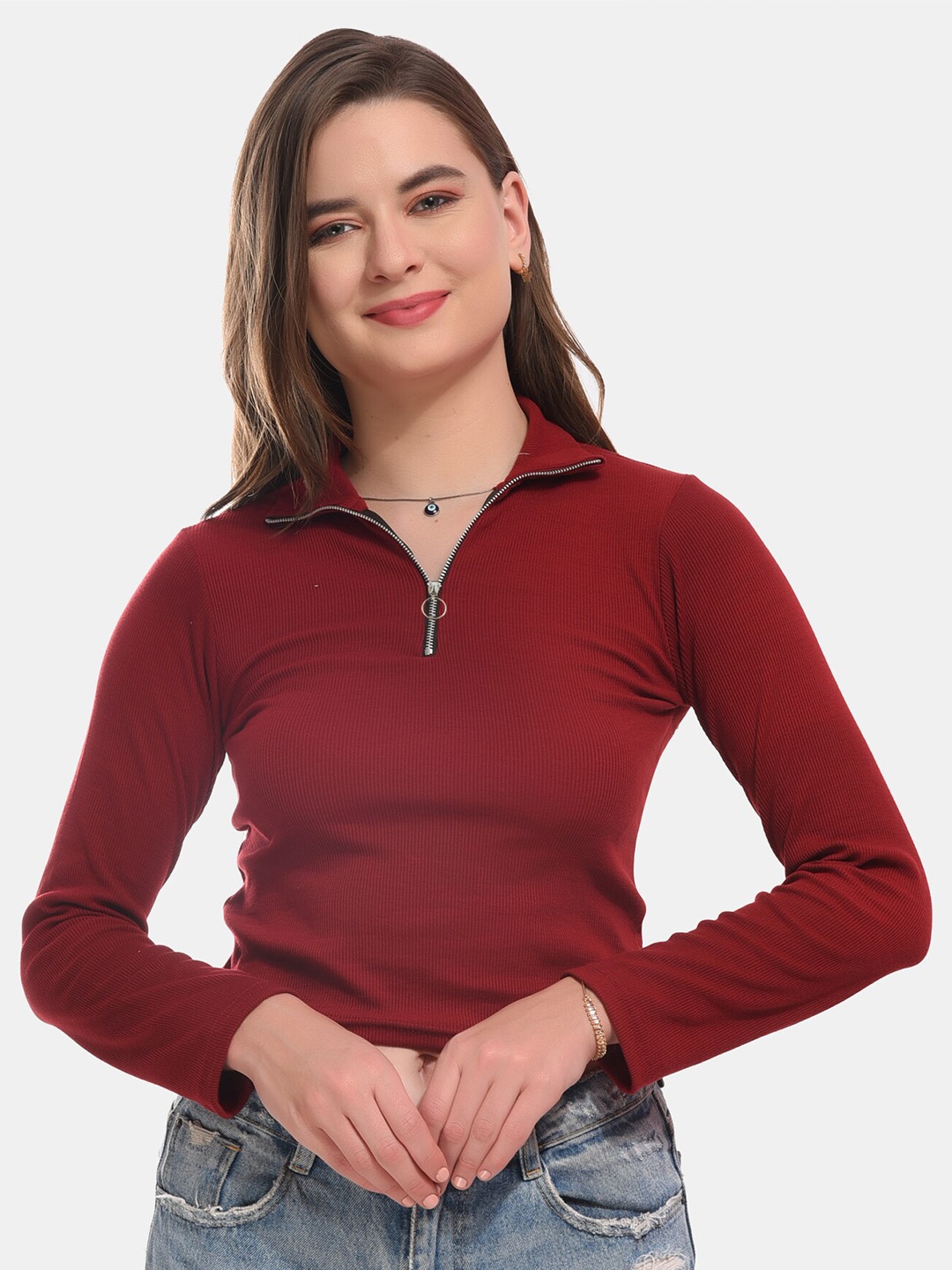 

Boleem Shirt Collar Cotton Crop Top, Maroon