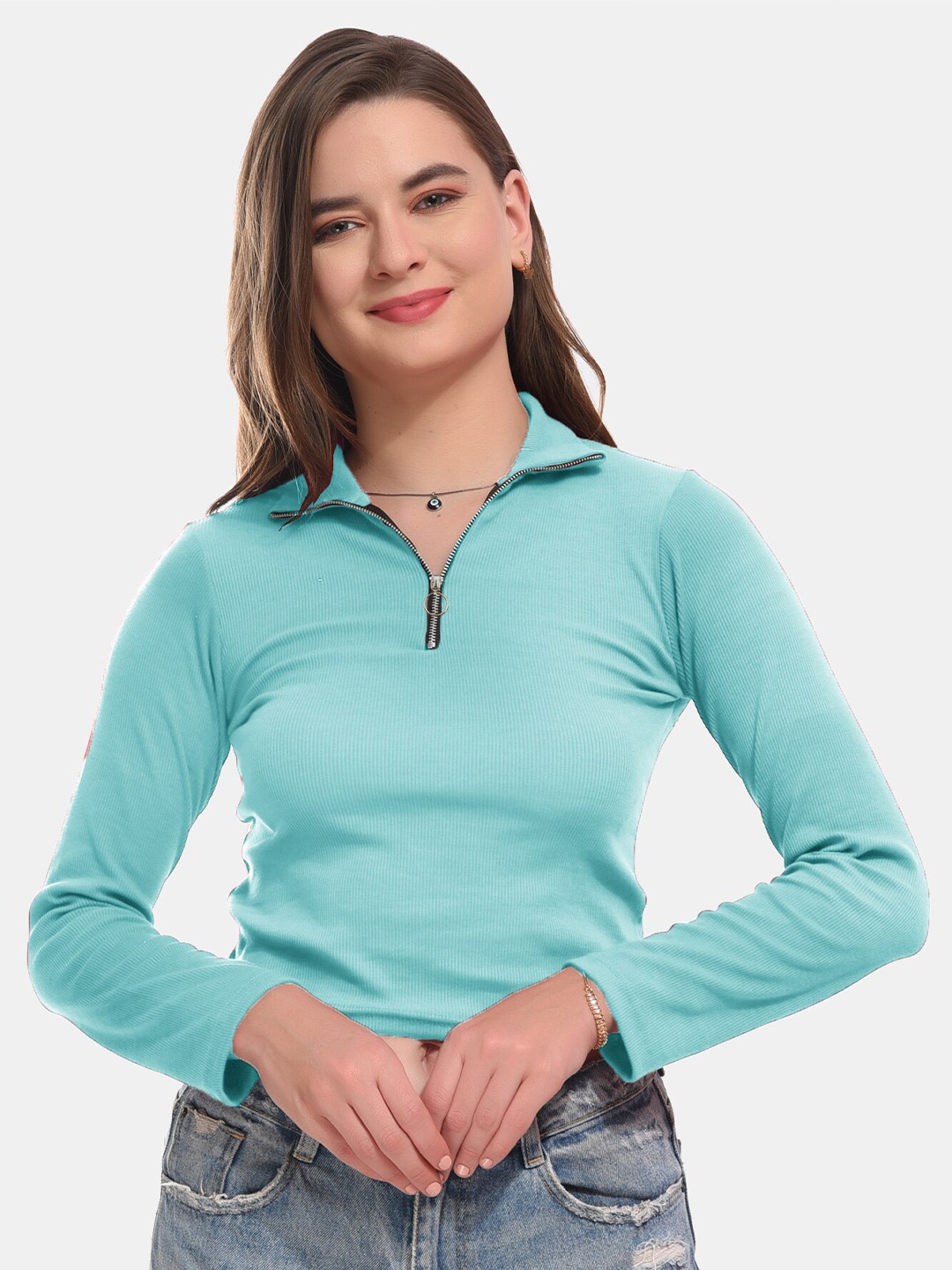 

Boleem Shirt Collar Cotton Fitted Crop Top, Blue