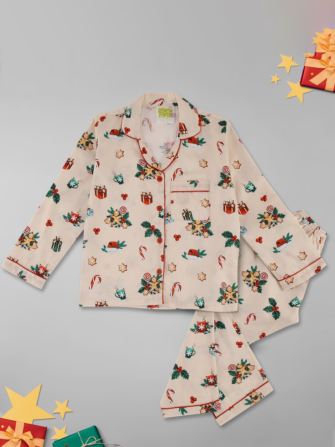 

Pyjama Party Kids Conversational Printed Pure Cotton Night suit, Cream