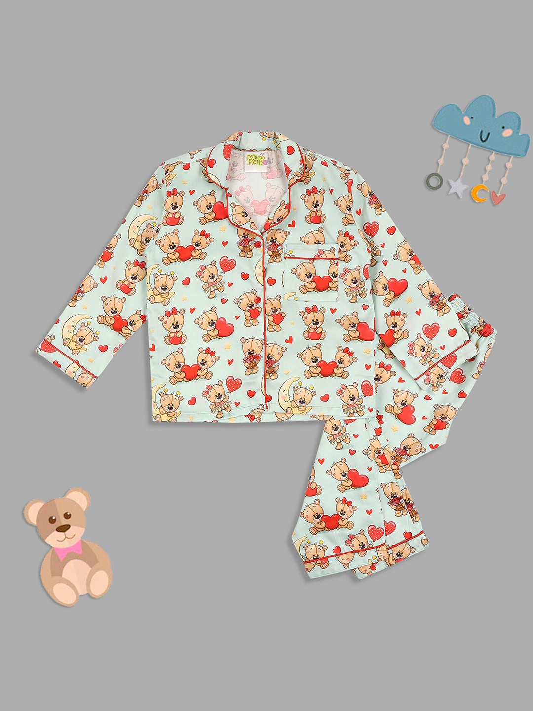 

Pyjama Party Kids Graphic Printed Cotton Shirt & Trousers, Green