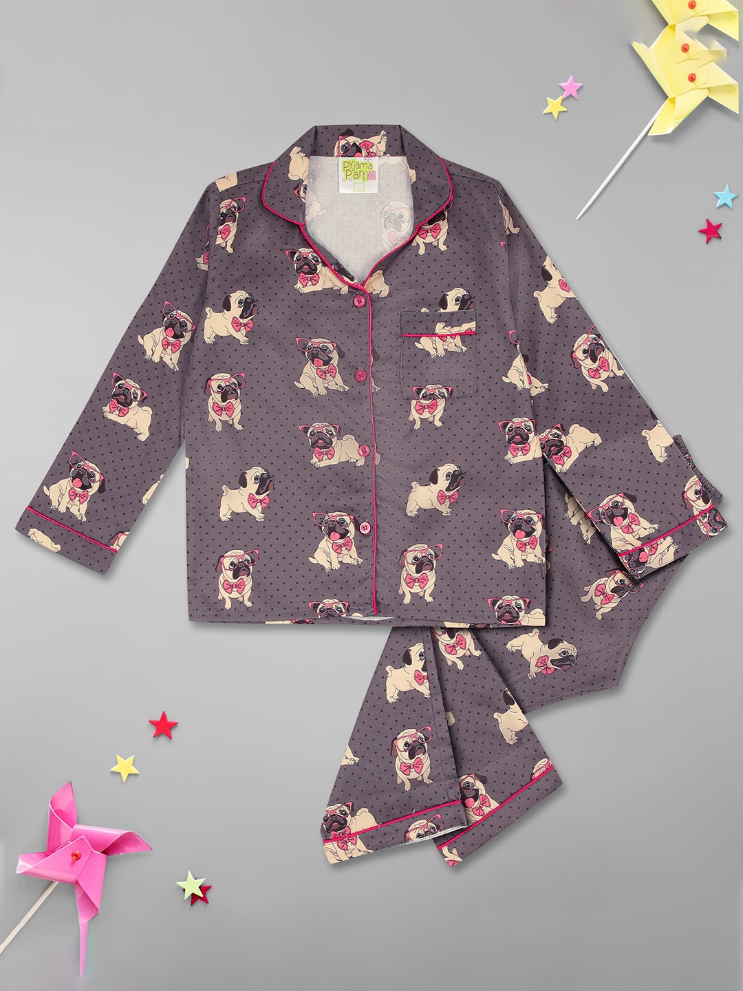 

Pyjama Party Kids Conversational Printed Pure Cotton Night suit, Brown