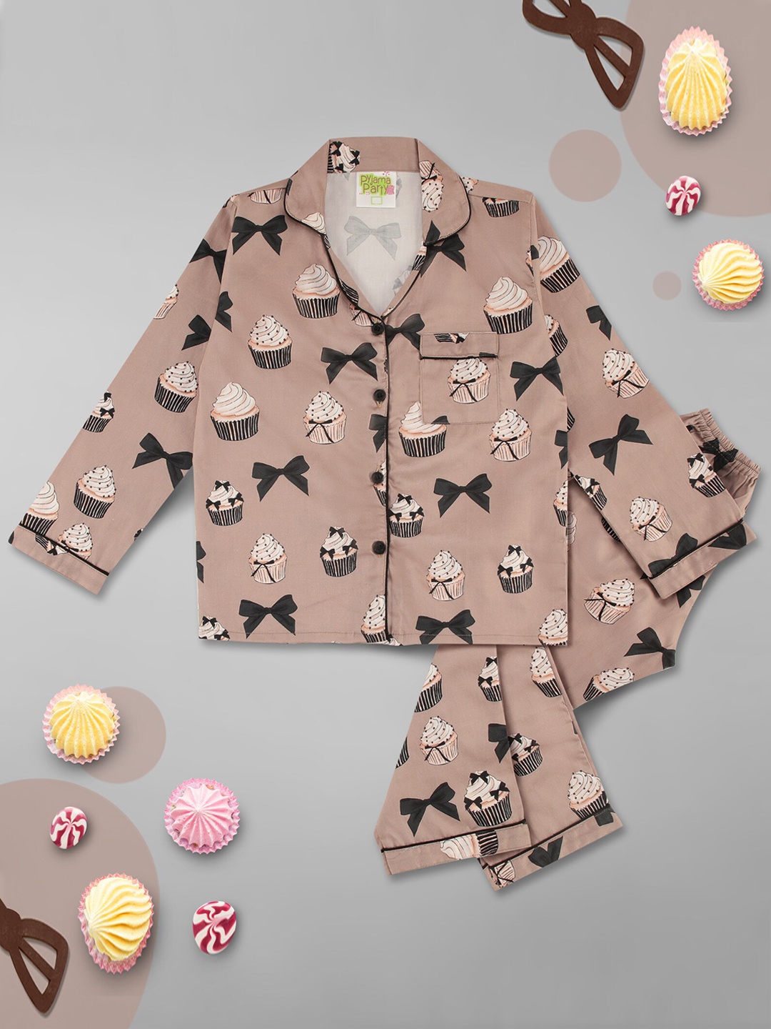 

Pyjama Party Kids Conversational Printed Pure Cotton Shirt With Pyjamas, Brown