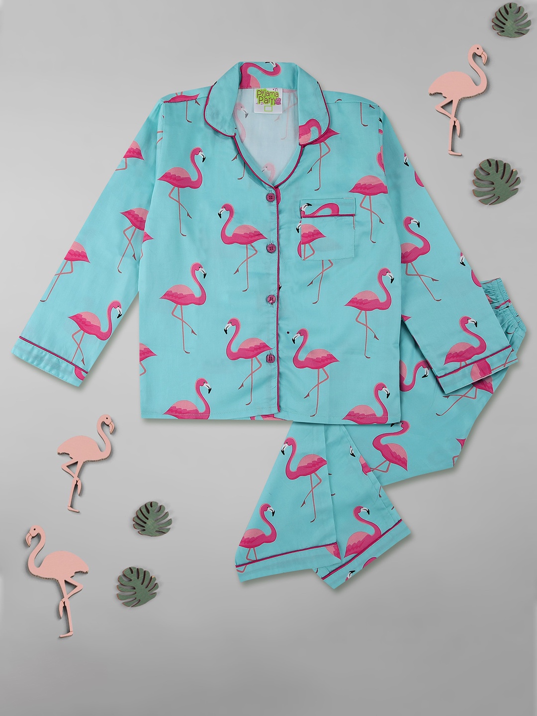 

Pyjama Party Kids Conversational Printed Pure Cotton Shirt With Pyjamas, Turquoise blue