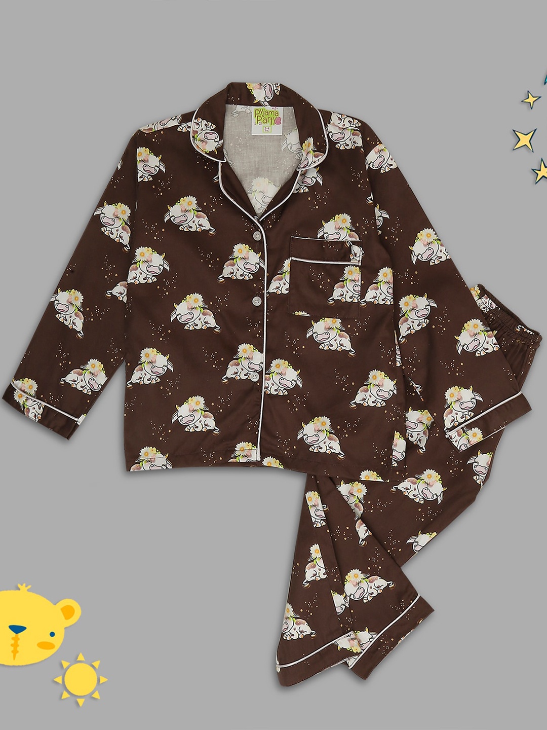 

Pyjama Party Kids Conversational Printed Pure Cotton Shirt With Pyjamas, Brown