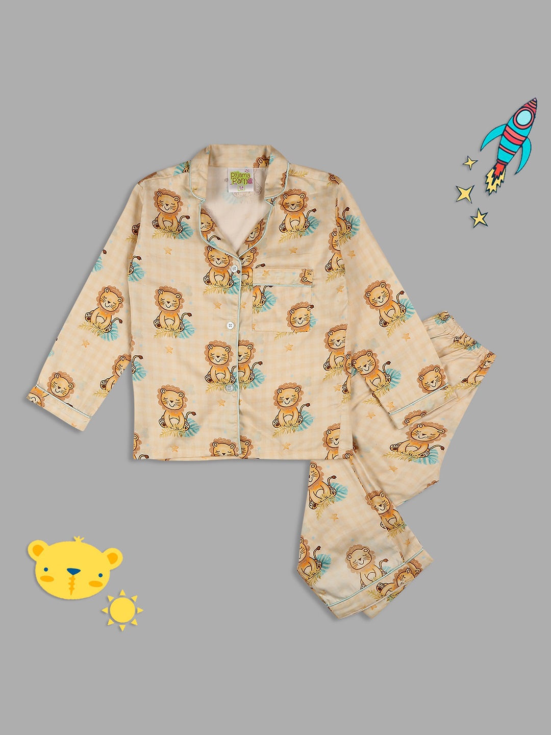 

Pyjama Party Kids Conversational Printed Pure Cotton Shirt With Pyjamas, Yellow