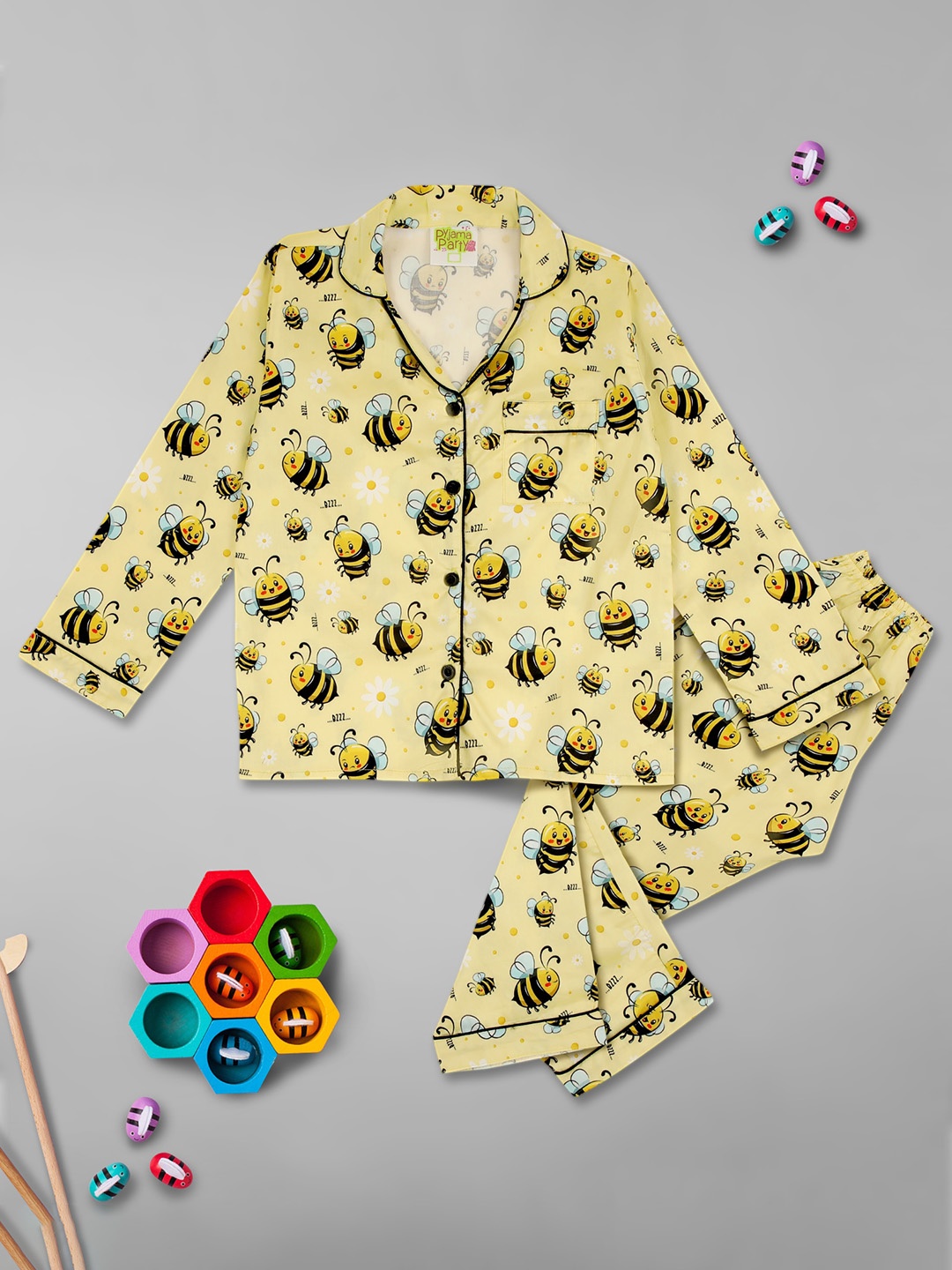 

Pyjama Party Kids Conversational Printed Pure Cotton Shirt With Pyjamas, Yellow