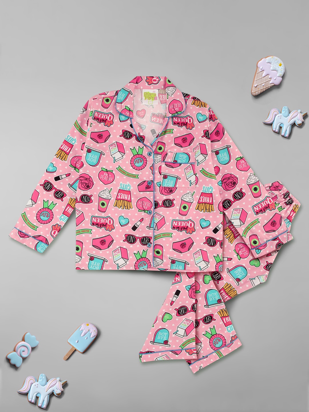 

Pyjama Party Kids Conversational Printed Pure Cotton Shirt With Pyjamas, Pink
