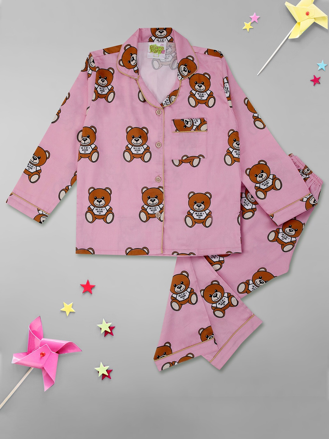 

Pyjama Party Kids Graphic Printed Cotton Shirt & Trousers, Pink