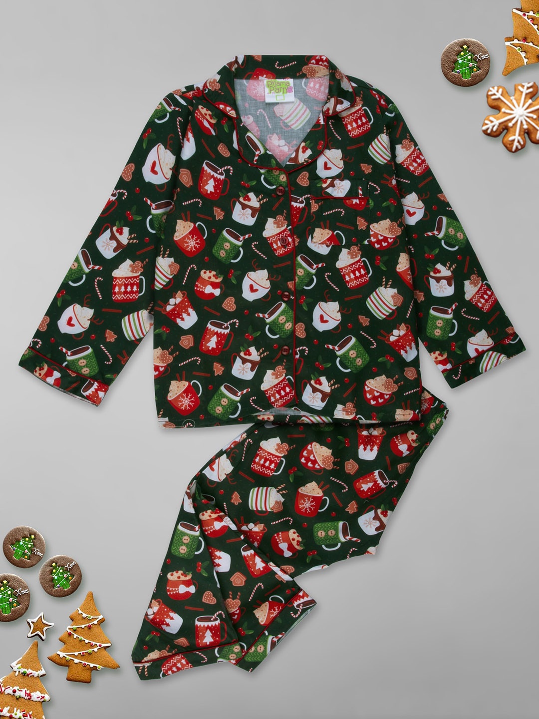 

Pyjama Party Kids Conversational Printed Pure Cotton Shirt With Pyjamas, Green