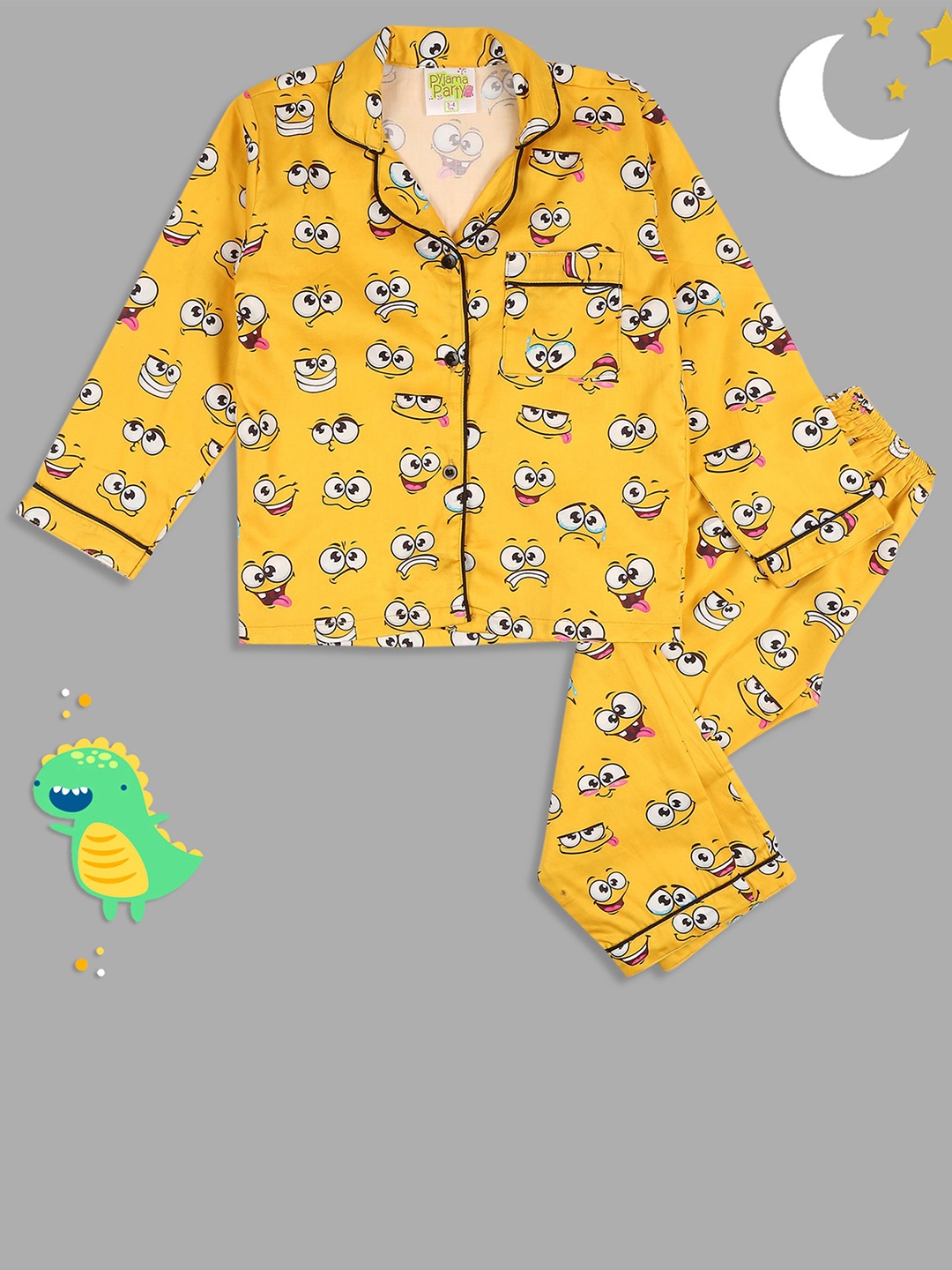 

Pyjama Party Kids Conversational Printed Pure Cotton Shirt With Pyjamas, Yellow