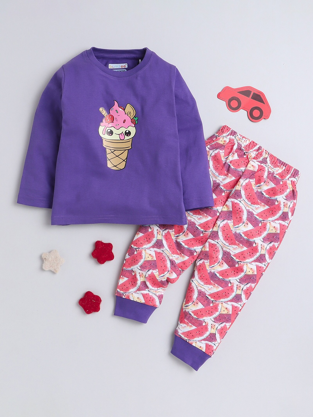 

BUMZEE Girls Printed Cotton T-shirt With Pyjamas, Purple