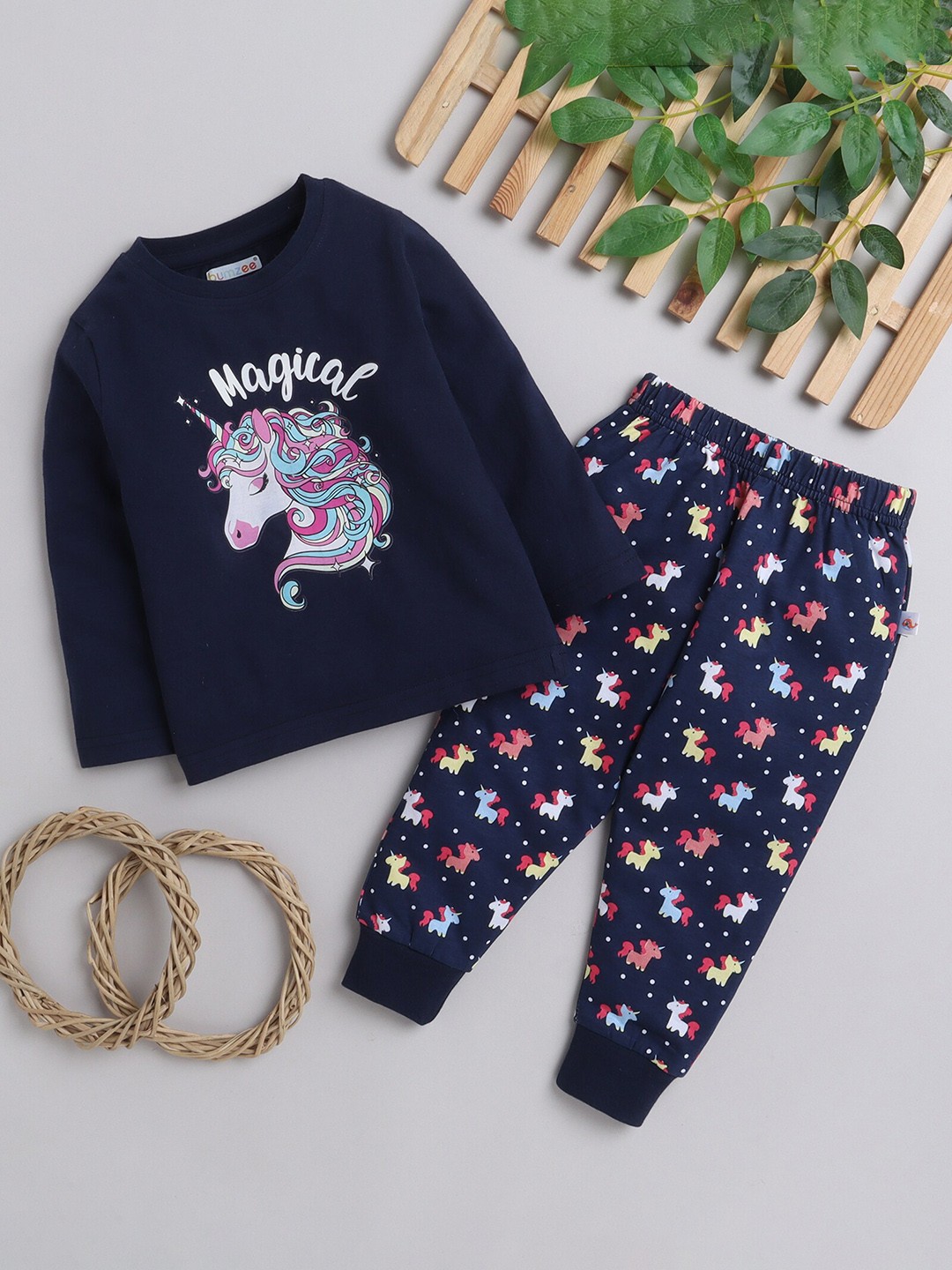 

BUMZEE Girls Printed Pure Cotton T-Shirt And Trousers, Navy blue
