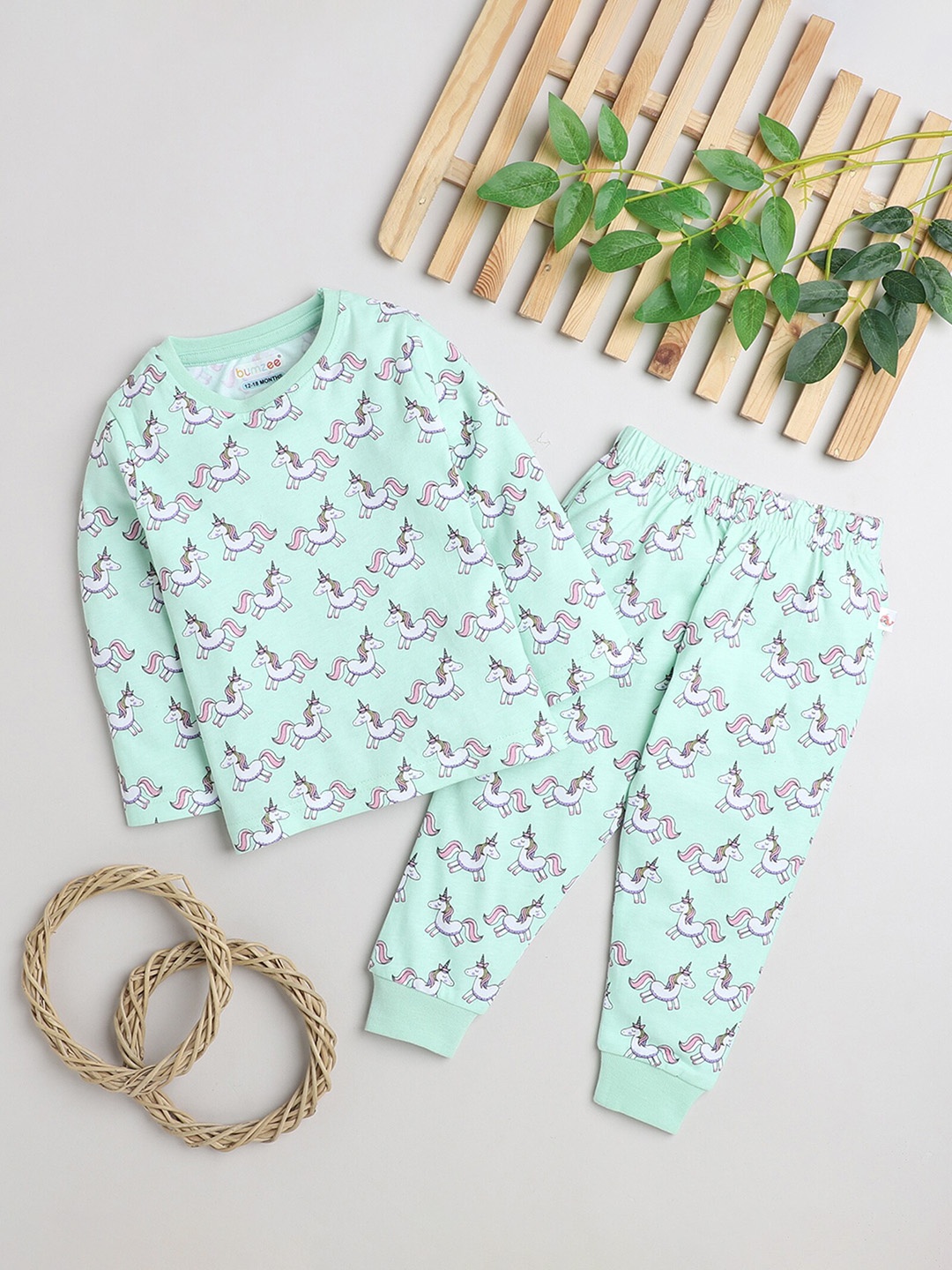 

BUMZEE Girls Conversatinal Printed Pure Cotton T-shirt With Pyjamas, Green