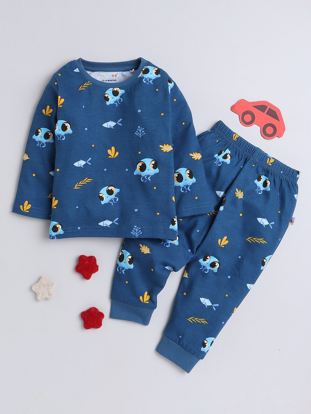 

BUMZEE Boys Conversational Printed Pure Cotton T-shirt with Pyjamas, Navy blue
