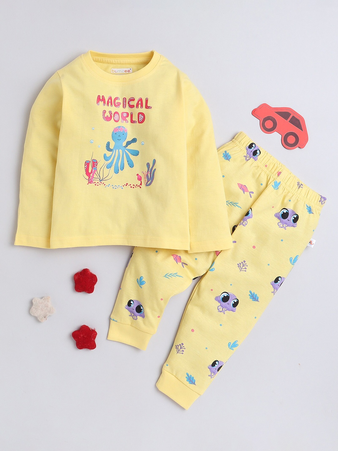 

BUMZEE Girls Typography Printed Pure Cotton T-shirt with Pyjamas, Yellow