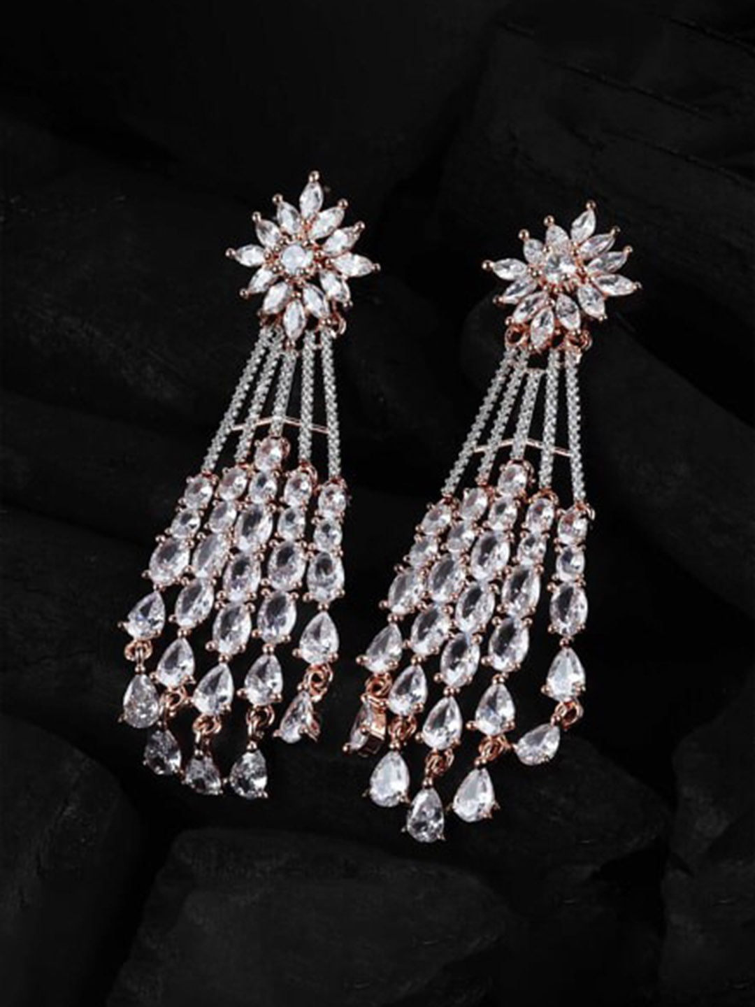 

Mirana Rose Gold-Plated AD Studded Contemporary Drop Earrings