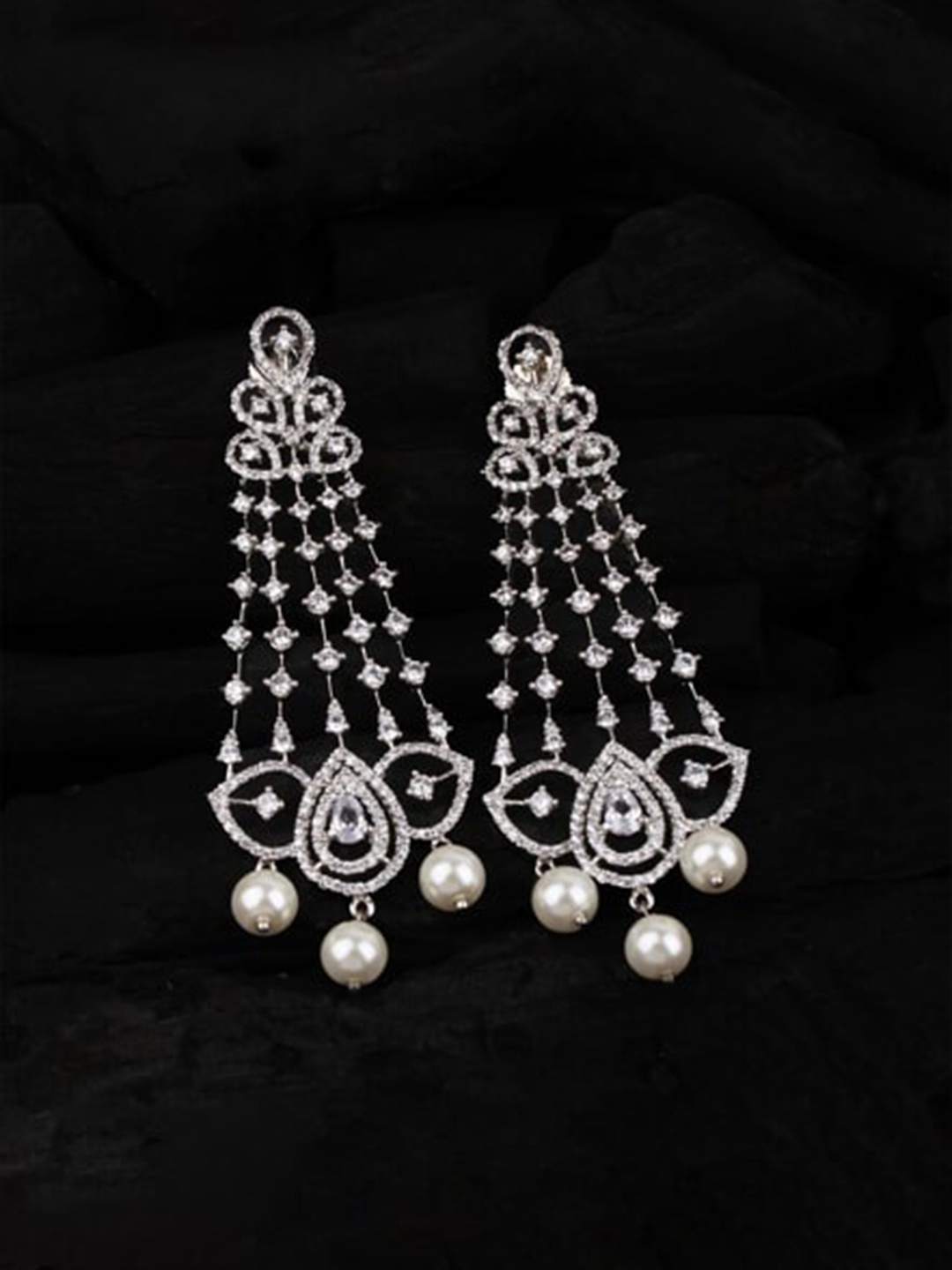 

Mirana Rhodium Plated American Diamond Studded Drop Earrings, Silver