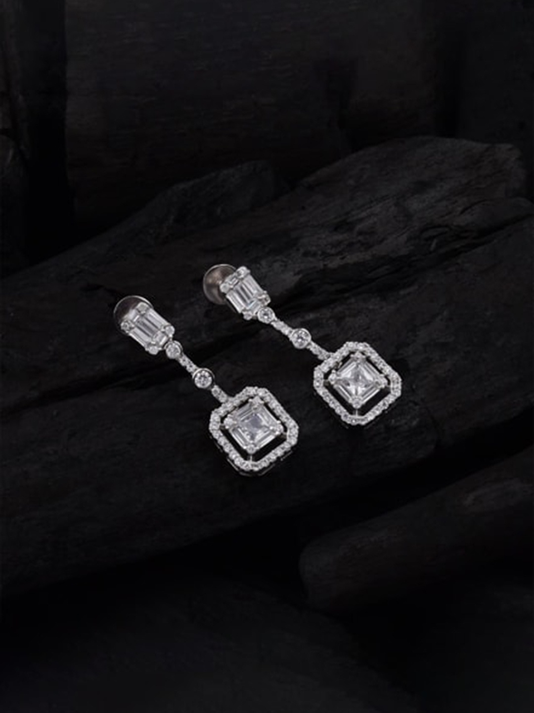 

Mirana Rhodium-Plated American Diamond Studded Square Drop Earrings, Silver