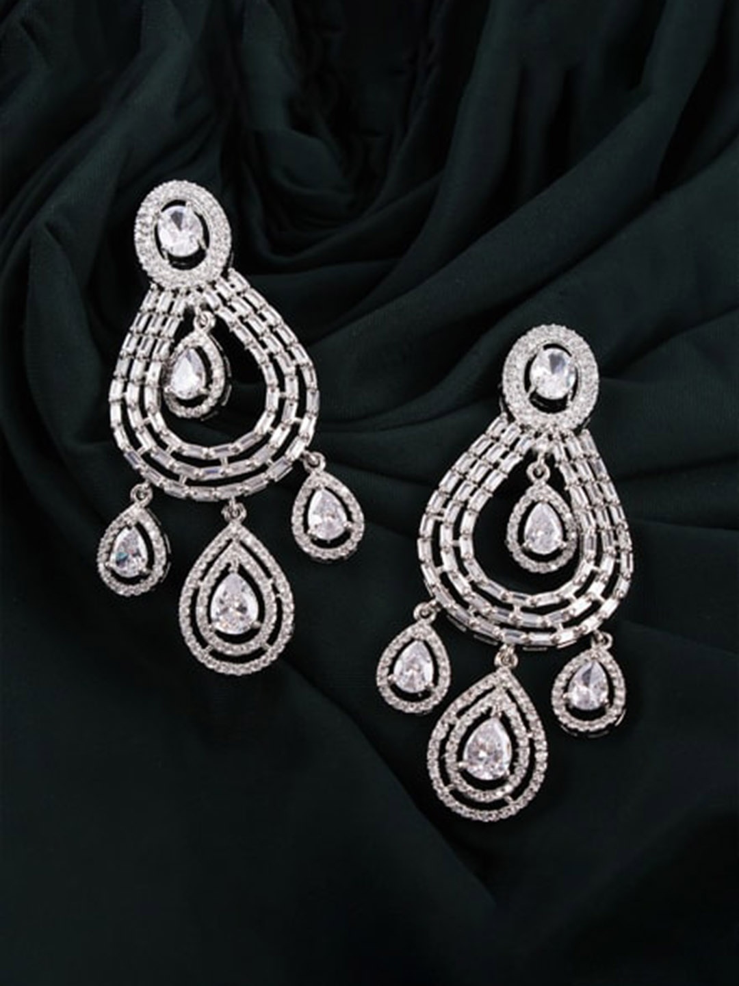 

Mirana Rhodium-Plated American Diamond Studded Drop Earrings, Silver