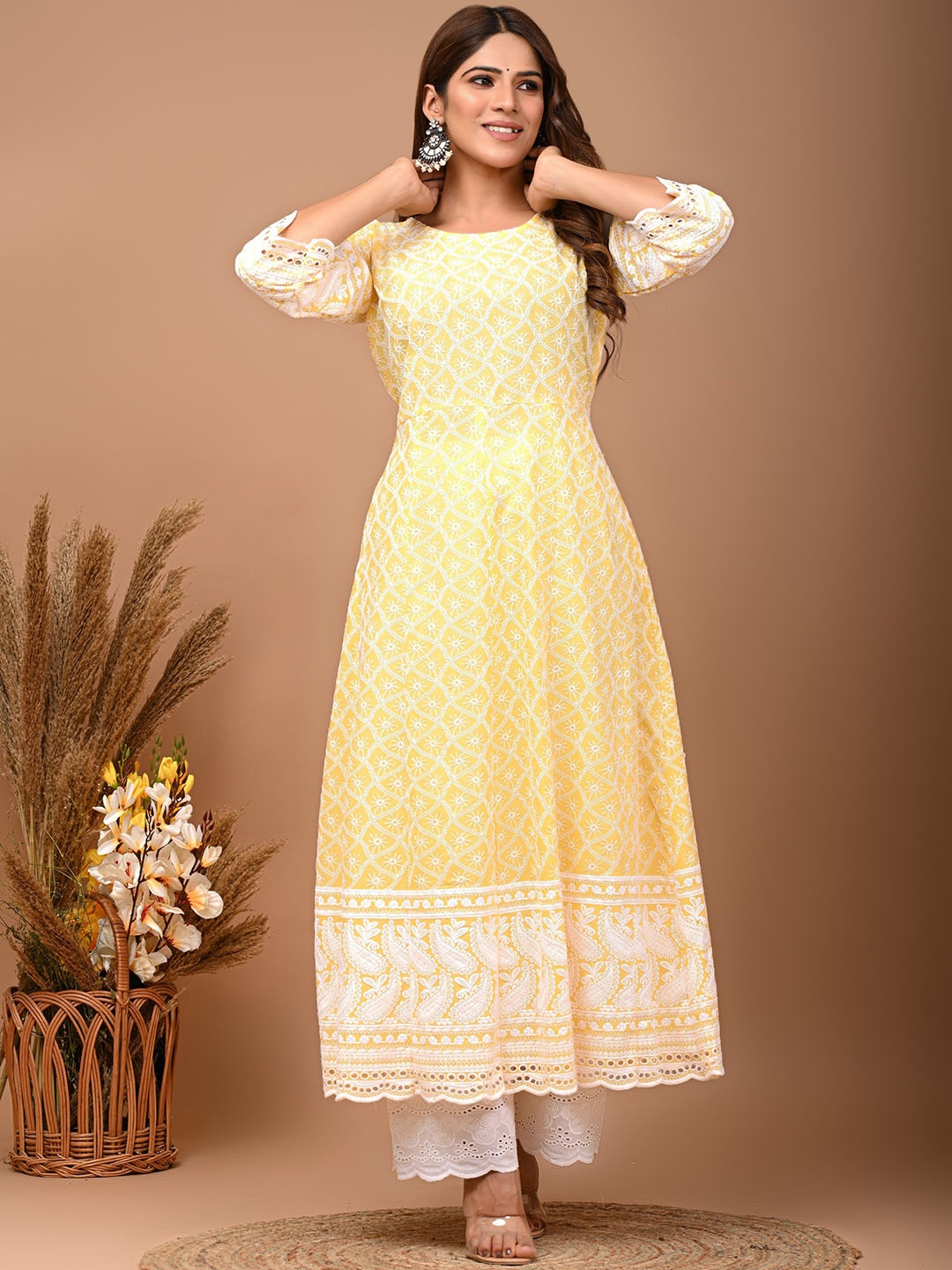 

KALINI Ethnic Motifs Embroidered Flared Sleeves Thread Work Detail A-Line Kurta, Yellow