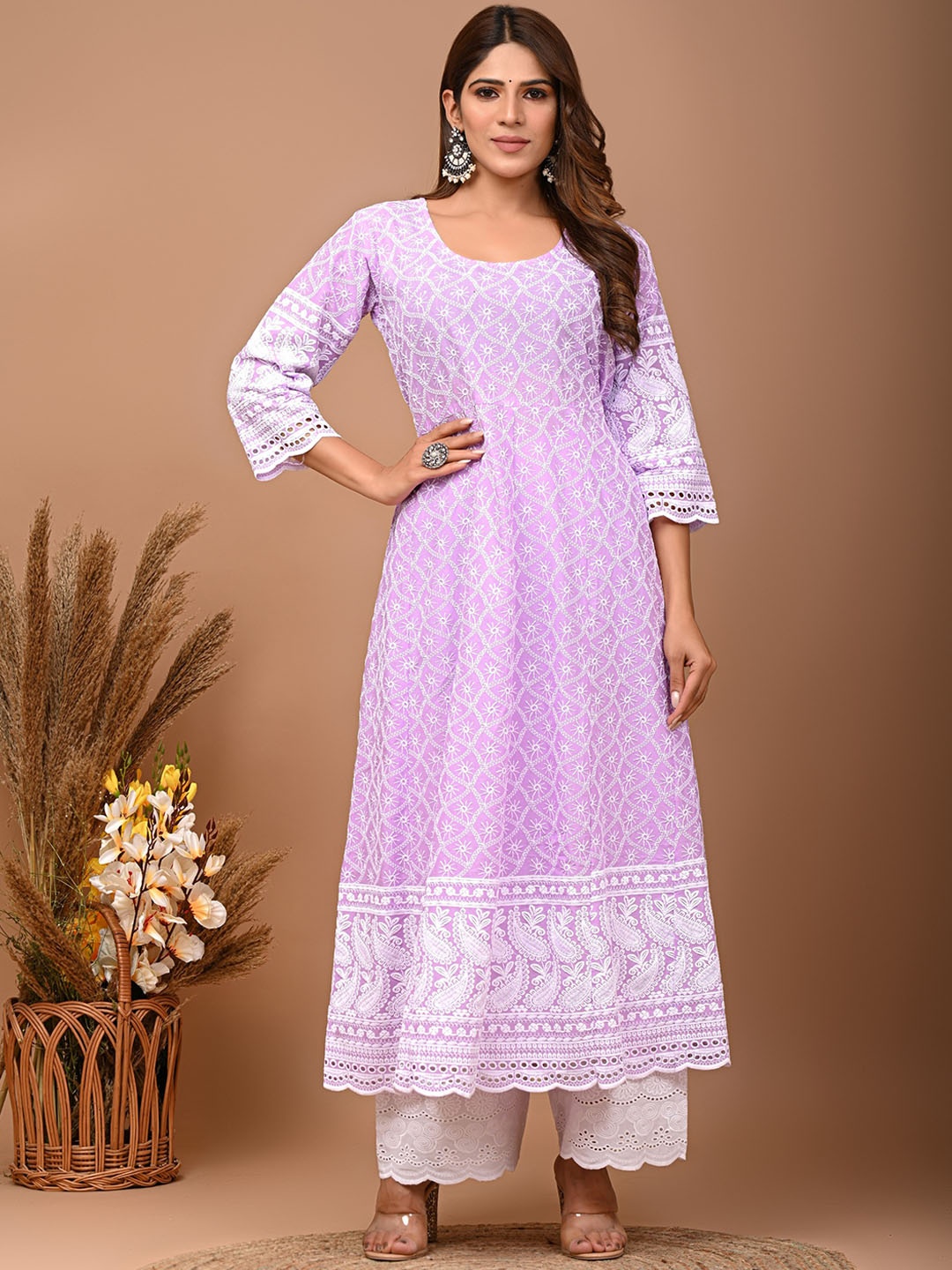 

KALINI Ethnic Motifs Embroidered Flared Sleeves Thread Work Detail A-Line Kurta, Purple