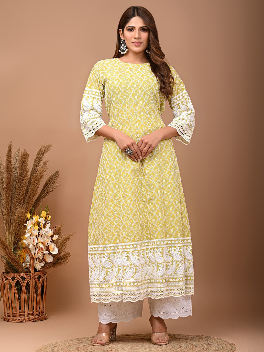 

KALINI Ethnic Motifs Embroidered Flared Sleeves Thread Work Detail A-Line Kurta, Lime green