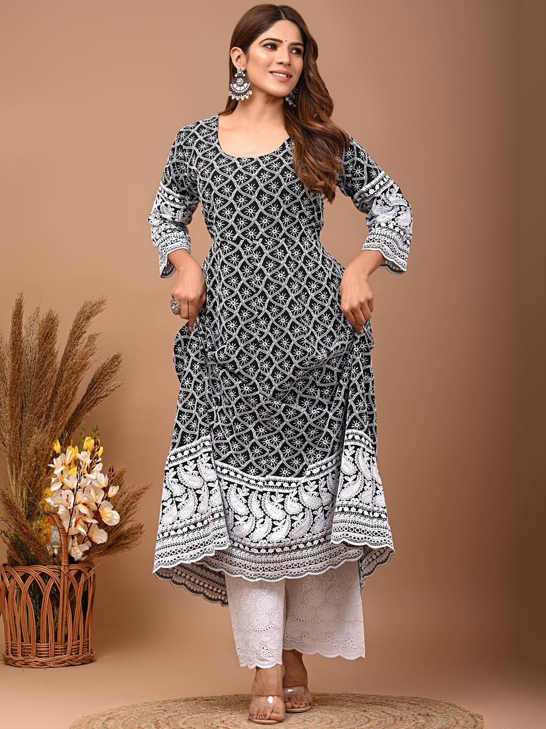 

KALINI Ethnic Motifs Embroidered Cotton Anarkali Kurta, Black