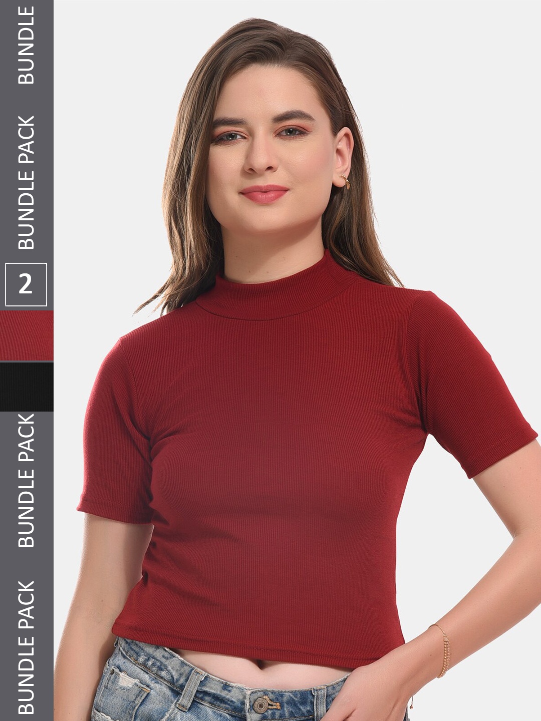 

Boleem Pack Of 2 High Neck Cotton Crop Tops, Maroon