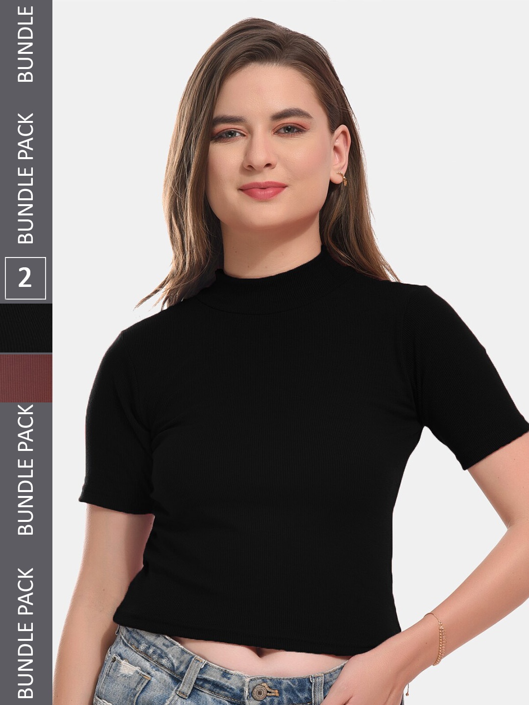 

Boleem Pack Of 2 Shirt Collar Cotton Fitted Crop Tops, Black