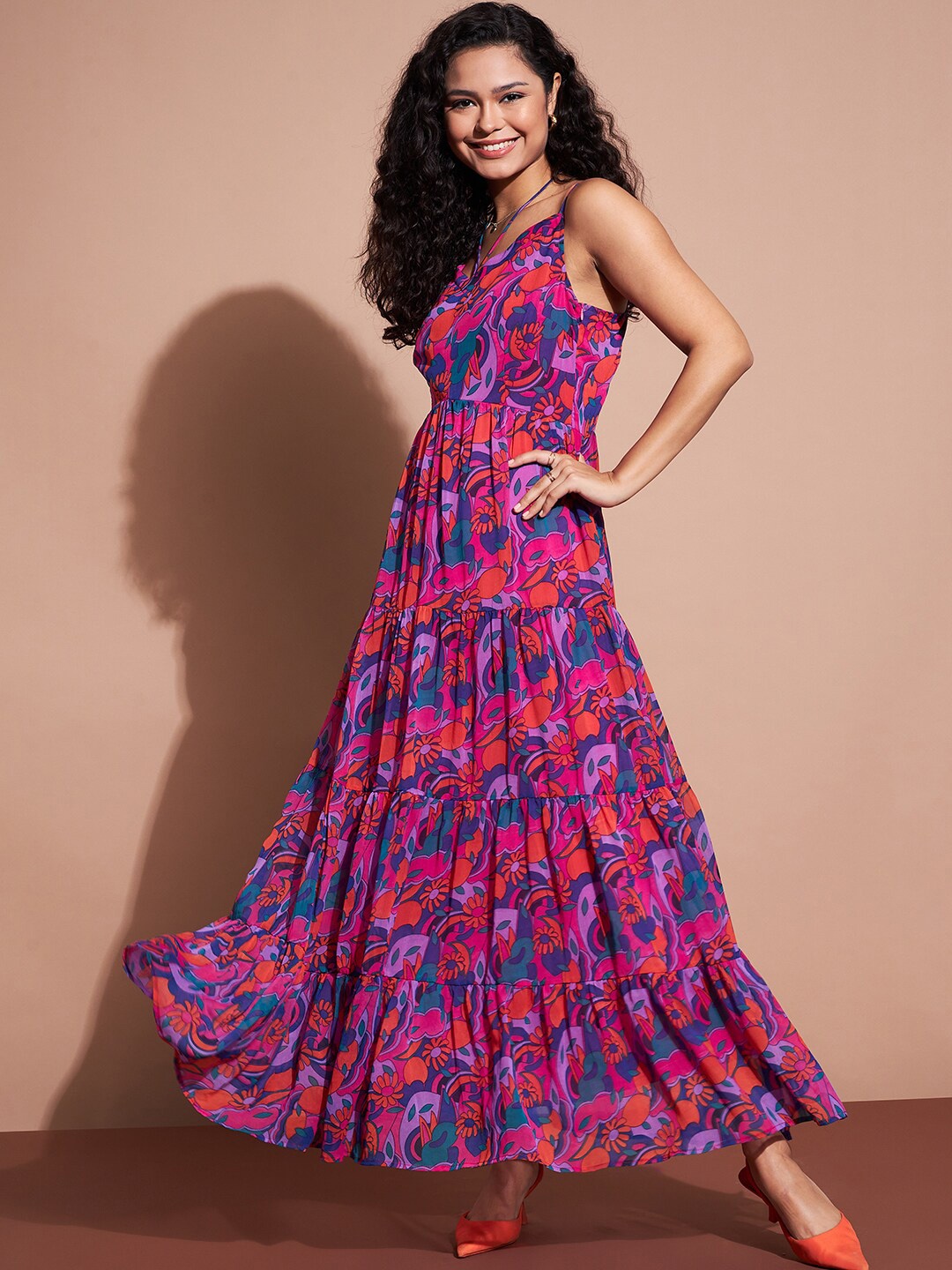 

DressBerry Floral Printed Shoulder Strap Fit and Flare Maxi Dress, Blue