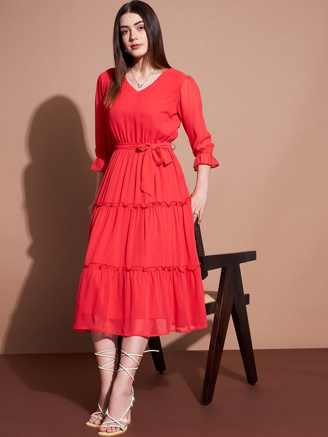 

DressBerry Puff Sleeve Tiered Ruffled Maxi Dress, Pink