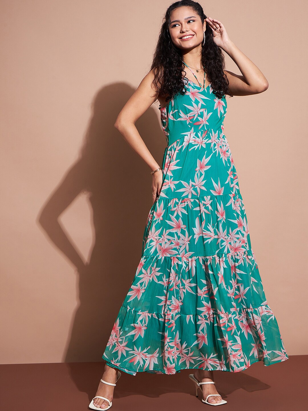 

DressBerry Green Floral Printed Shoulder Straps Maxi Dress