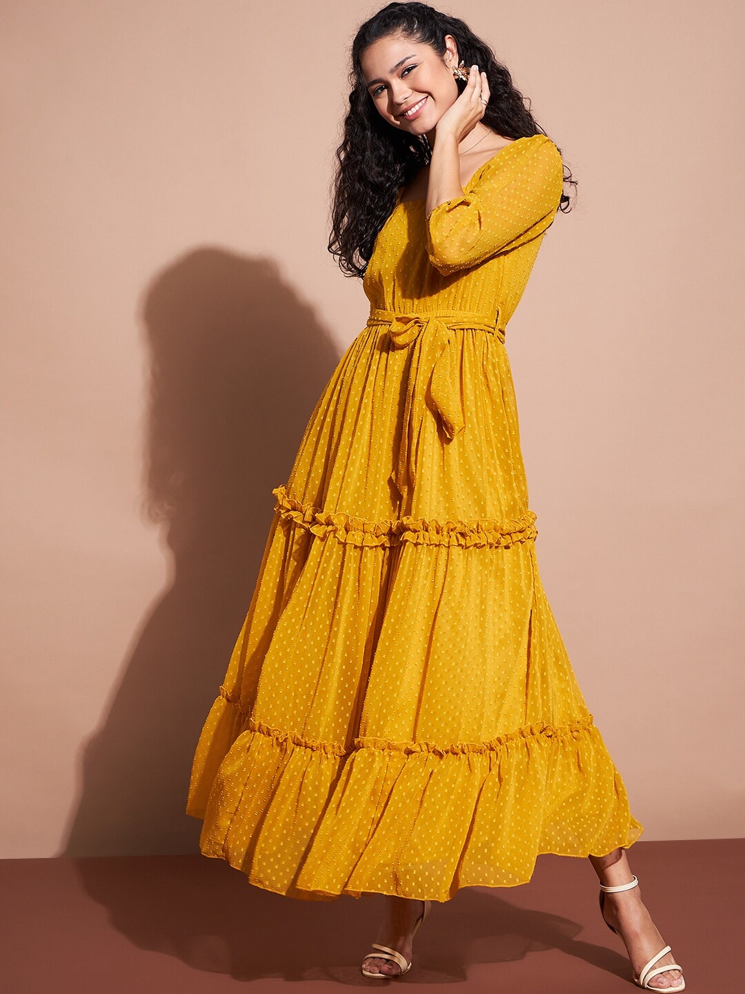 

DressBerry Self Design Ruffled Georgette Fit & Flare Maxi Dress, Mustard