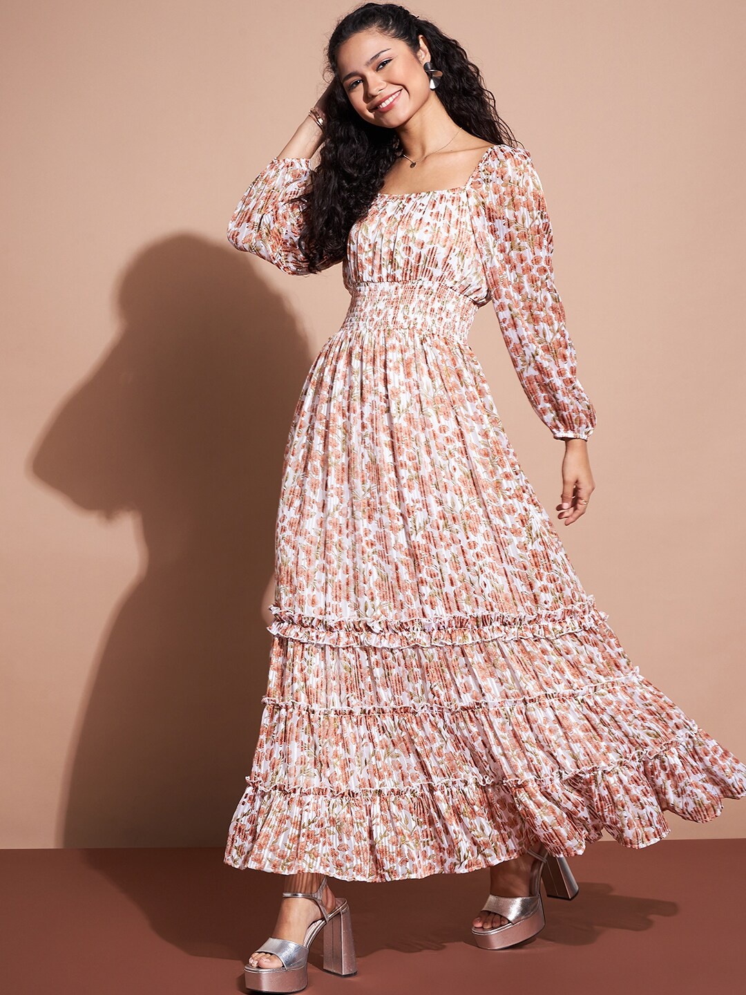 

DressBerry Floral Printed Puff Sleeve Tiered Ruffled Maxi Dress, Orange
