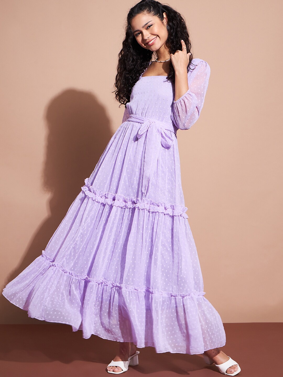 

DressBerry Self Design Puff Sleeve Tiered Ruffled Maxi Dress, Purple