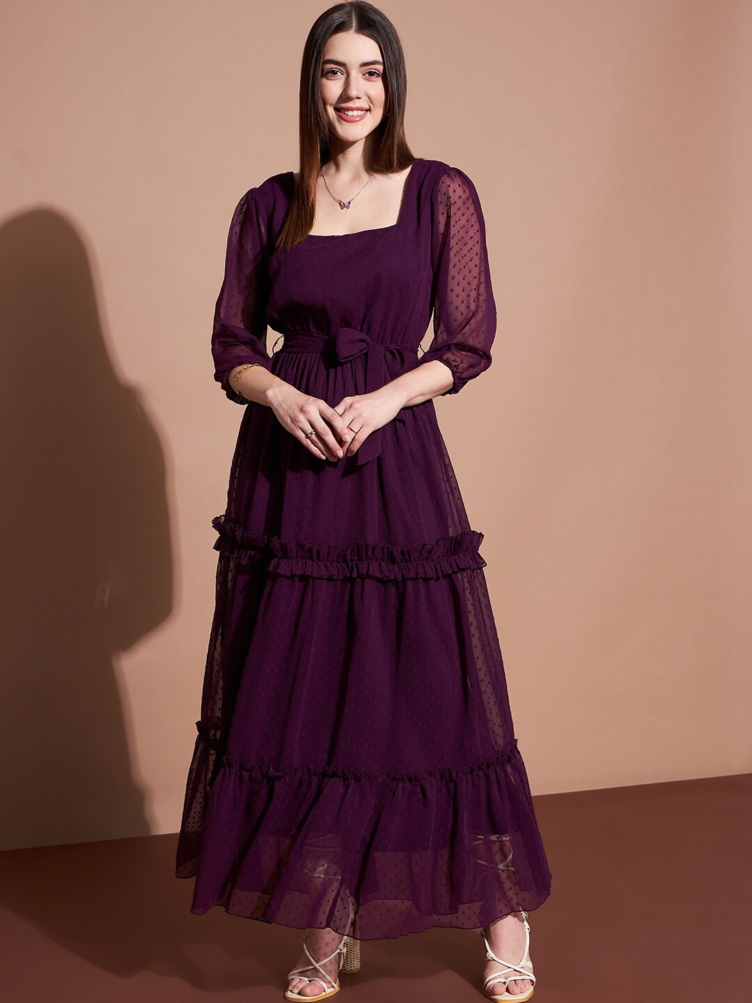

DressBerry Maroon Ruffled Square Neck Maxi Dress