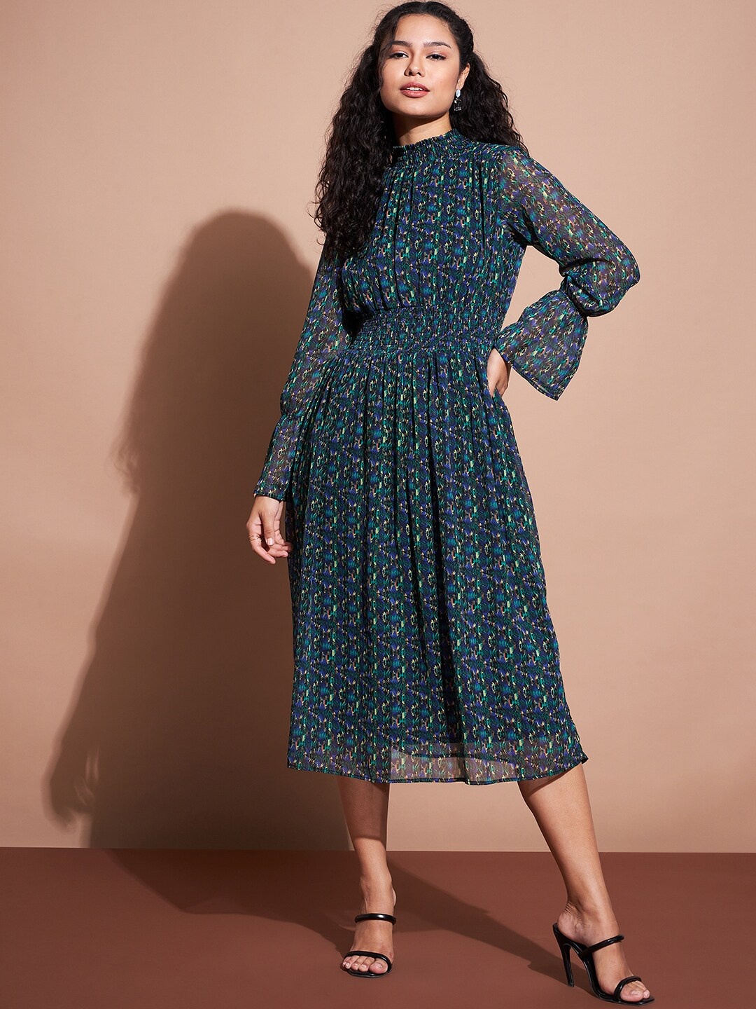 DressBerry Printed Bell Sleeves Smocked Gathered High Neck Georgette Fit & Flare Dress, Green