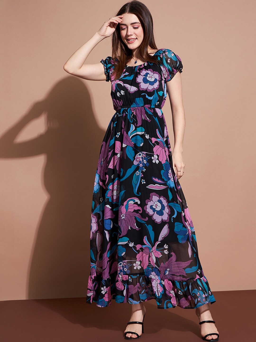 

DressBerry Floral Printed Puff Sleeve Fit & Flare Maxi Dress, Black
