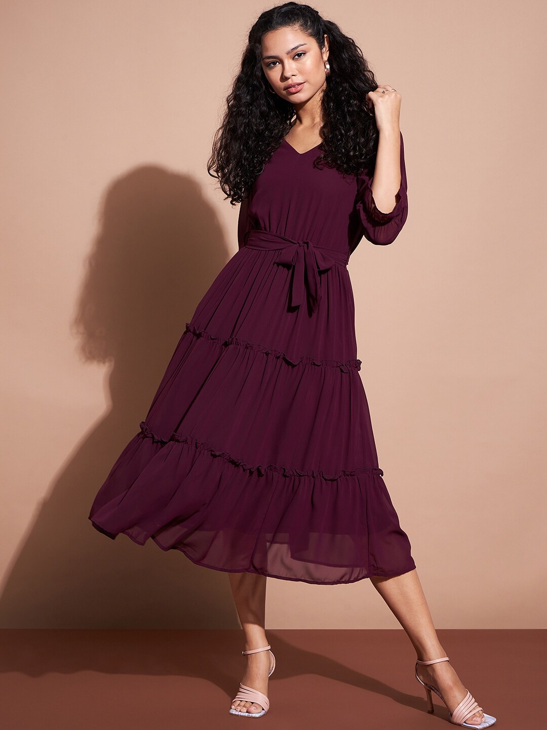 

DressBerry Puff Sleeve Tiered Ruffled Midi Dress, Burgundy