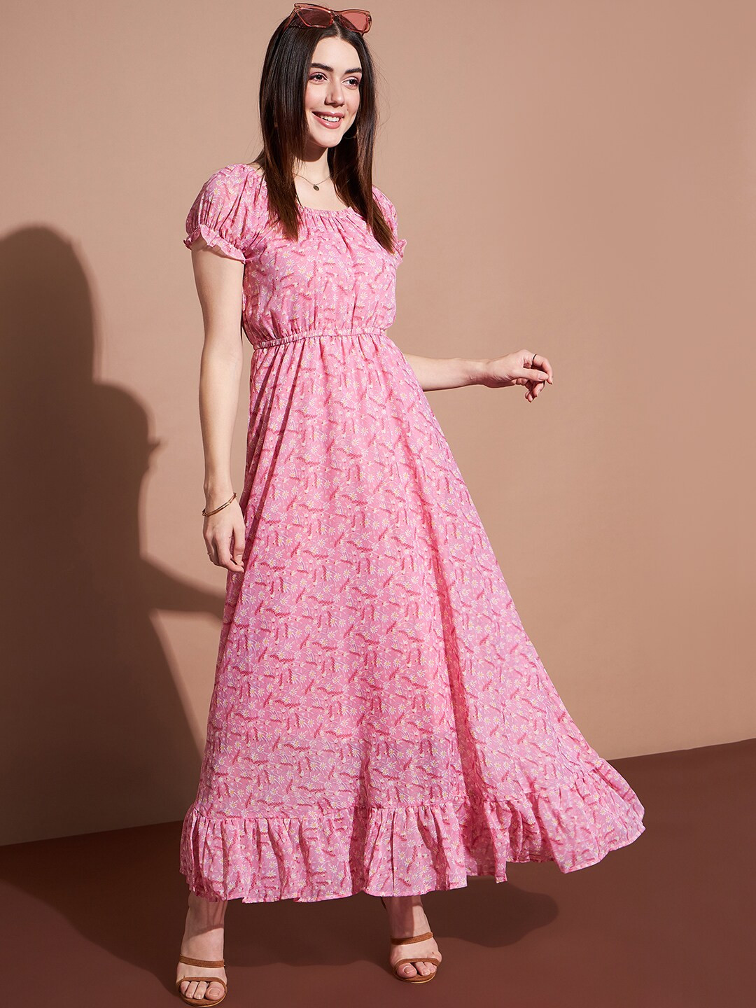 

DressBerry Floral Printed Puff Sleeves Gathered Flounce Georgette Maxi A-Line Dress, Pink