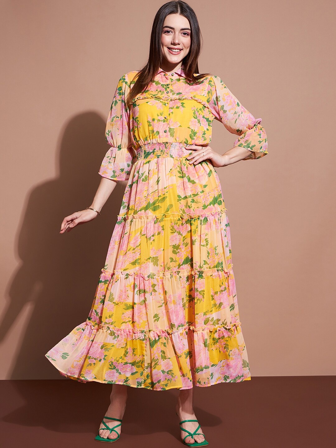 

DressBerry Floral Printed Puff Sleeve Shirt Collar Tiered Ruffled Maxi Dress, Yellow