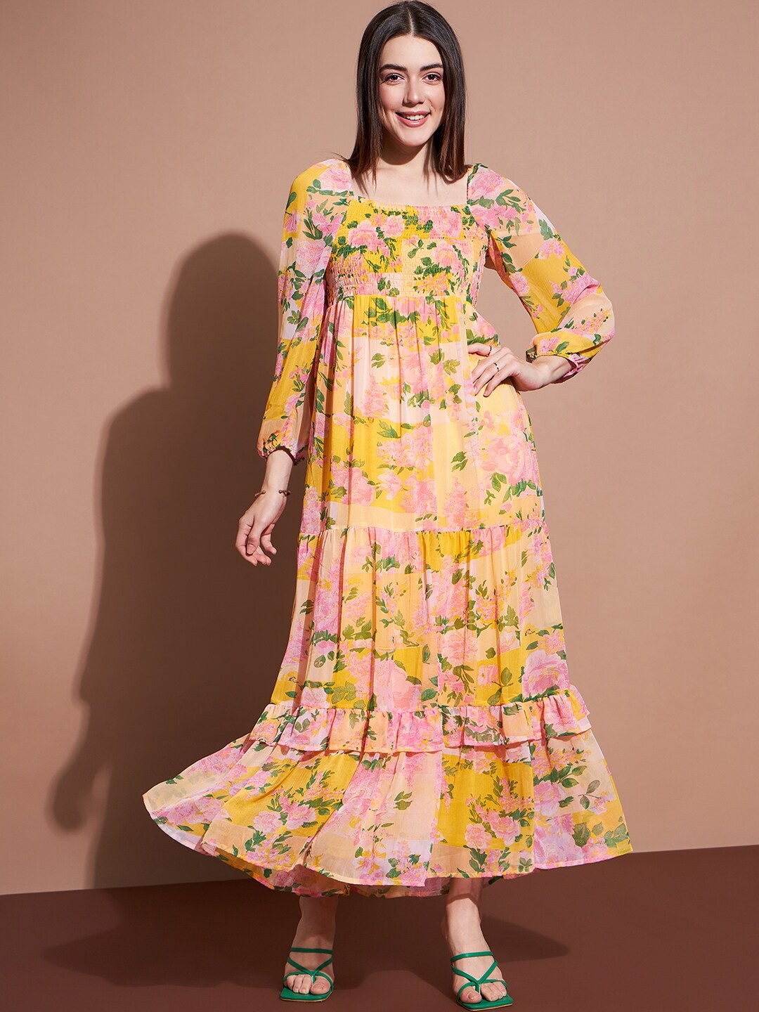 

DressBerry Floral Printed Smocked Puff Sleeves Ruffled Chiffon Maxi Fit & Flare Dress, Yellow