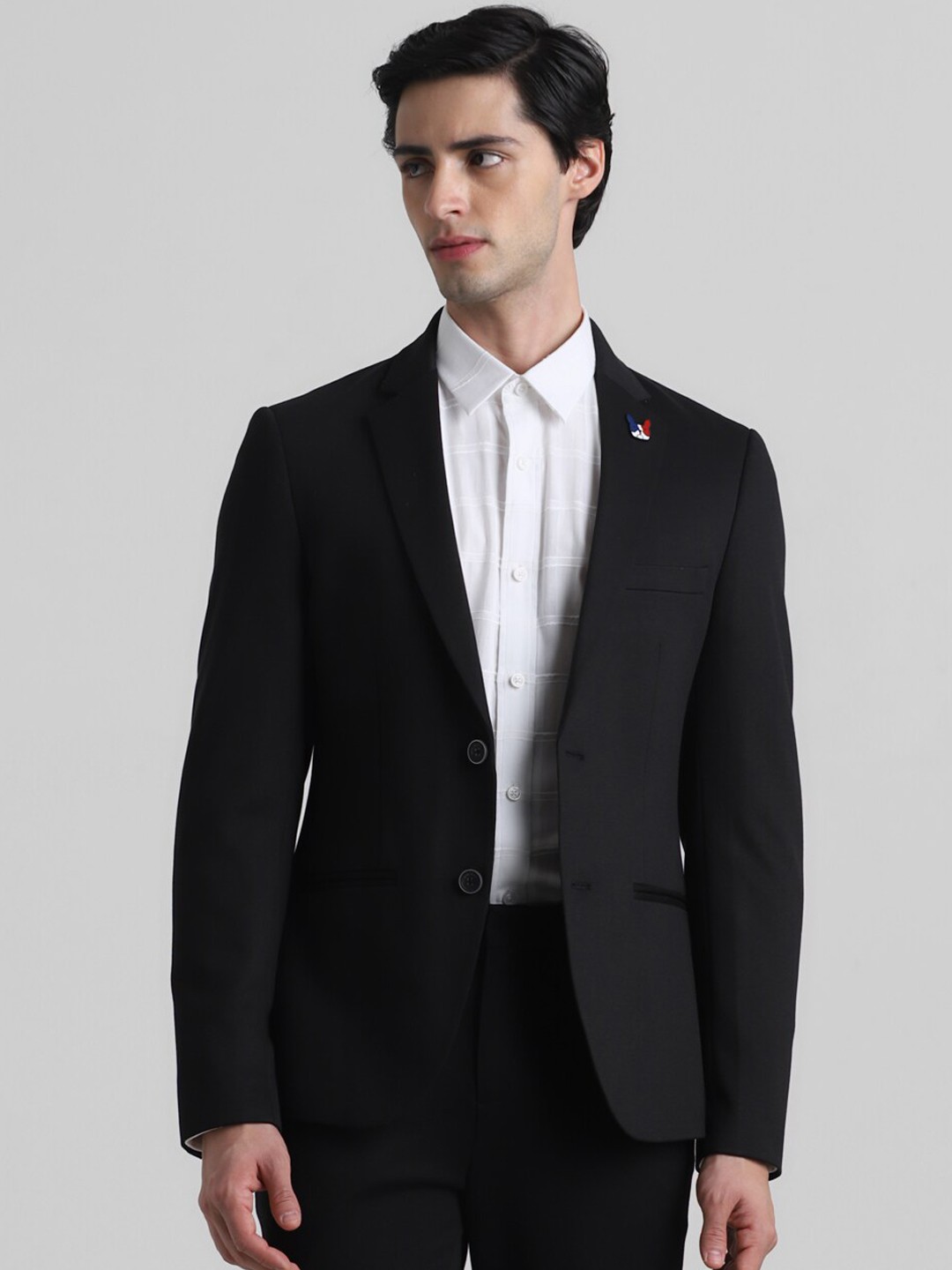 

Jack & Jones Self-Design Notched Lapel Single-Breasted Slim-Fit Formal Blazer, Black