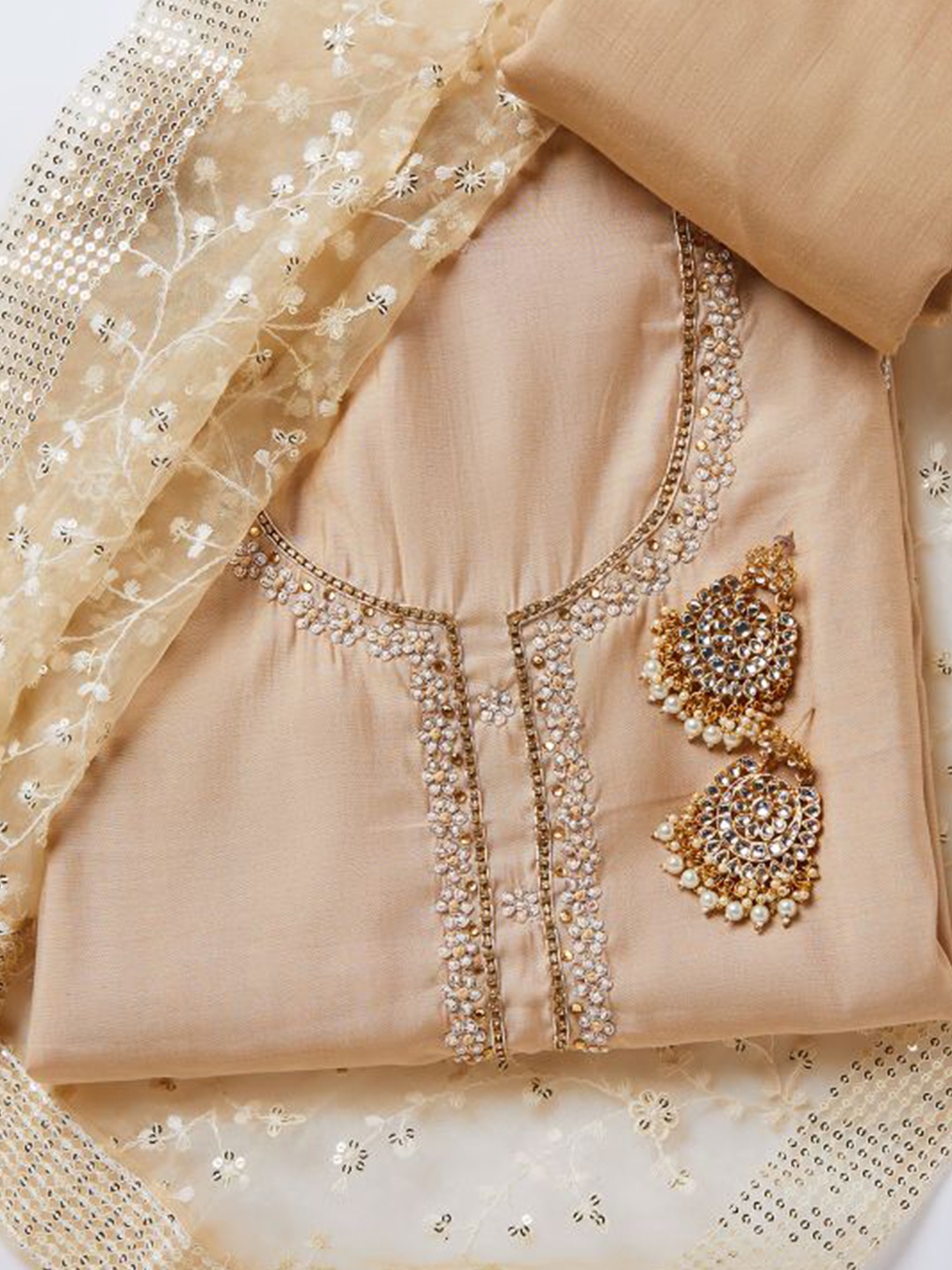 

SALWAR STUDIO Floral Embroidered Beads & Stones Unstitched Dress Material, Beige